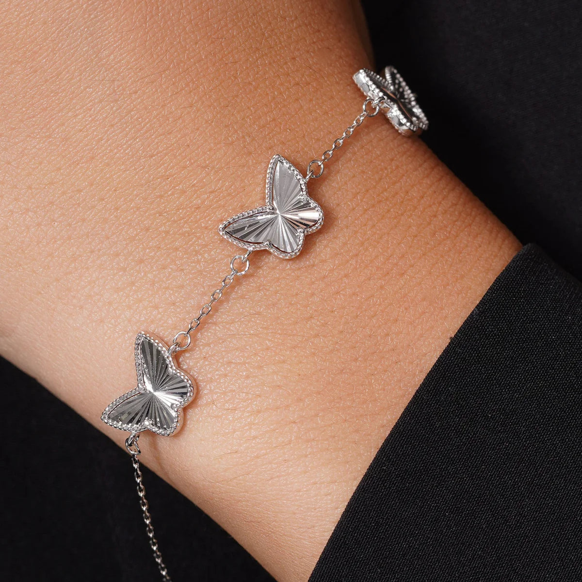 Rhodium Plated Adjustable Sterling Silver Butterfly Charm Bracelet