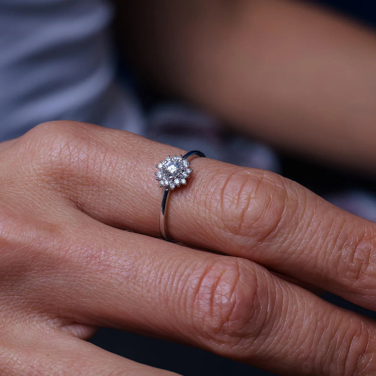 Rhodium Plated Sterling Silver Moissanite Flower Ring