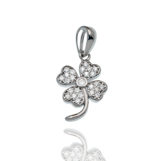 Rhodium Plated 0.6in Sterling Silver Moissanite Four Leaf Clover Pendant